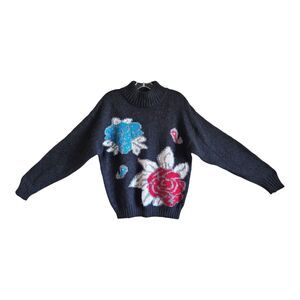 VINTAGE Women's L Sweater Charcoal Large Flowers Mohair Blend 90s RUSS TOGS 44"